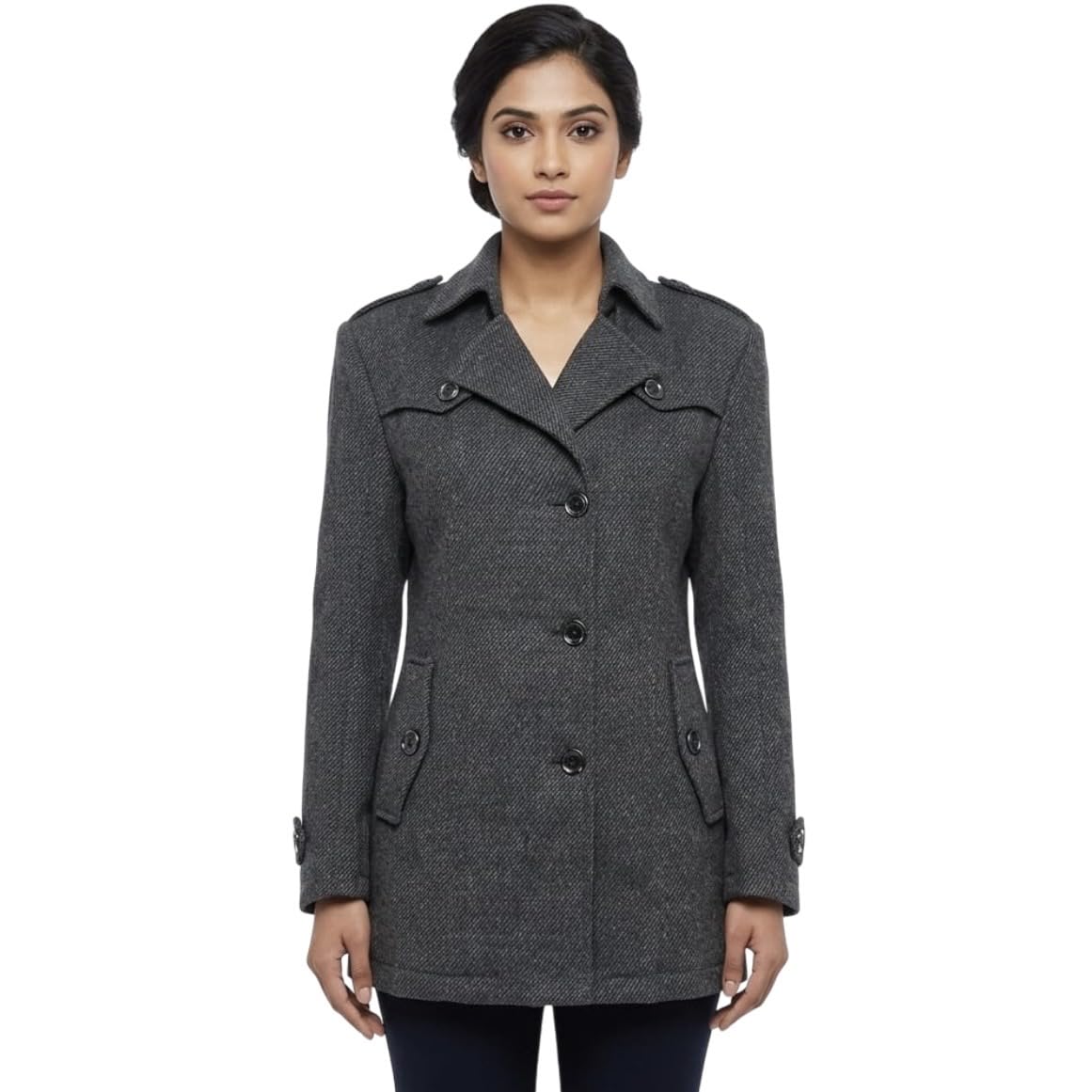 chandre Women's Grey Tweed Wool Blend Military Style Coat, Button-Up, Epaulette Detail, Slim Fit, Size S/M-picture-14