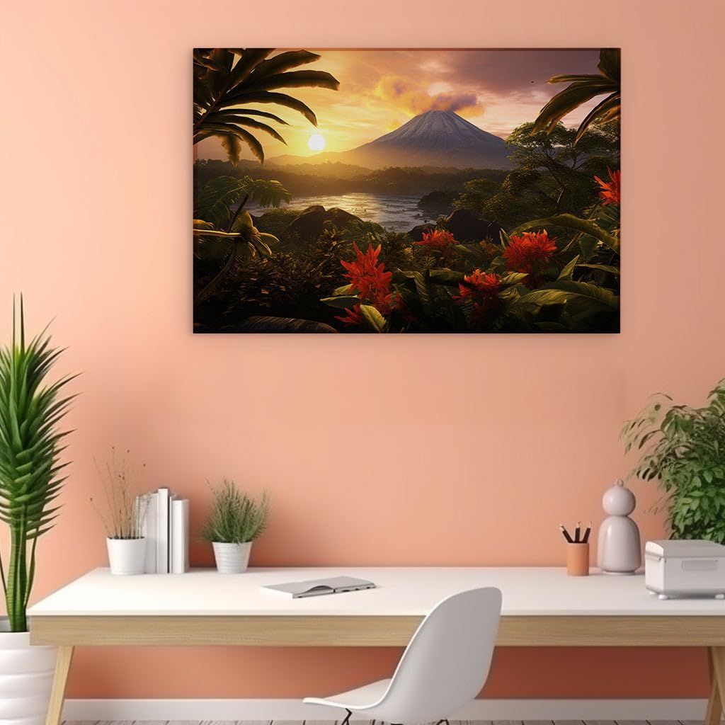 Canvas for Living room. Whispers of Paradise: A Digital Eden Where River's Serenity Meets Volcanic Vigor, 27 x 18 inch Canvas Wall Art - Contemporary Masterpieces - Modern Home Decor