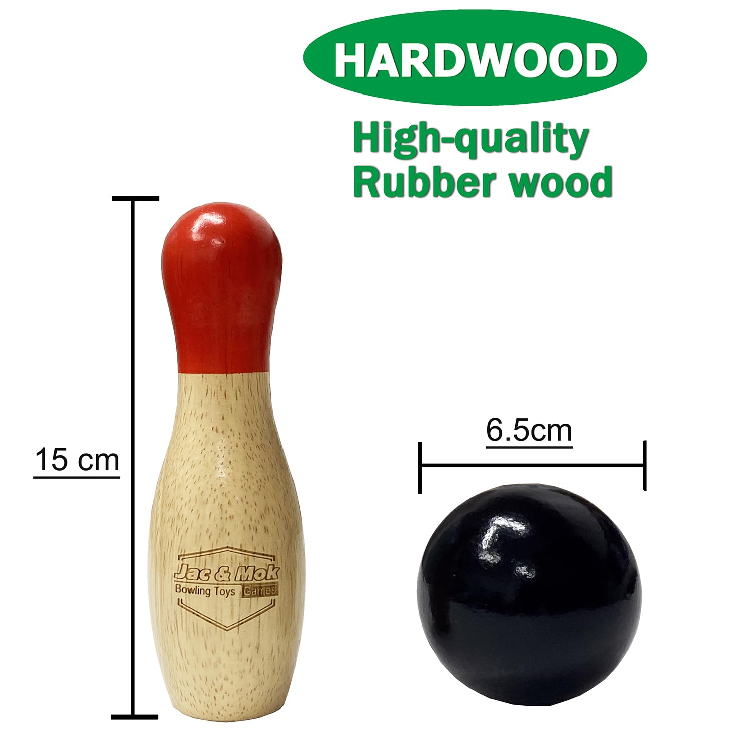 Jac & Mok Jeu de bowling en bois dur, 10 broches et 2 balles (naturel, 15 cm de haut)