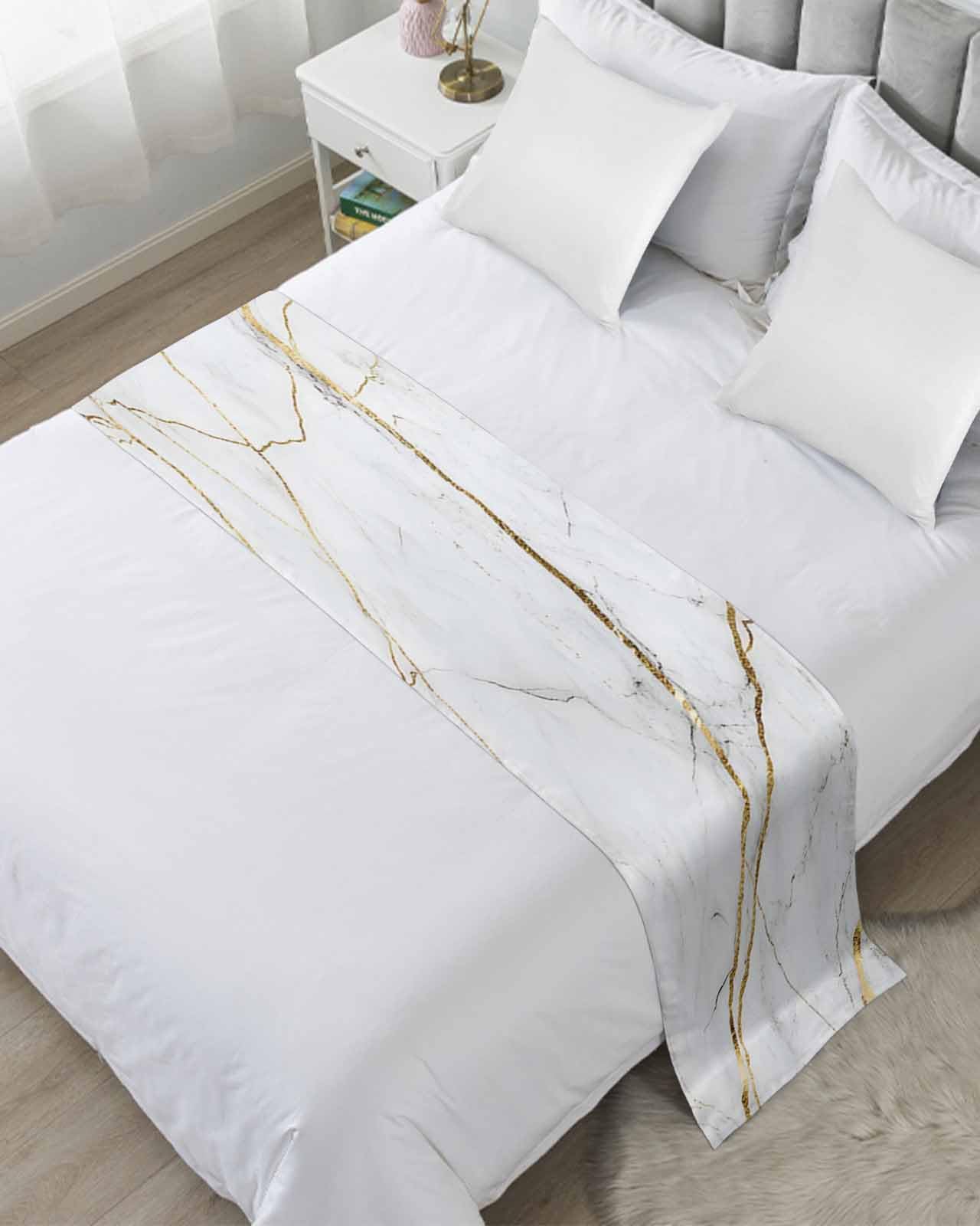 DecorLovee White Marble Pattern Bed Runners for Queen Size Bed, Decorative Bed Throws for Foot of Bed, Minimalism Abstract Texture Art Bed Runner Sofa Throw Bedding Scarf Protector for Bedroom