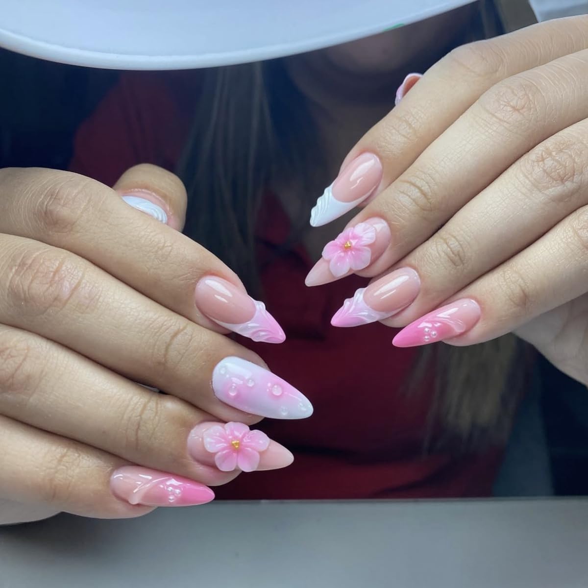 Spring Press on Nails Medium Almond 3D Flower Design Fake Nails Press ons Pink French Nail Art Tips Artificial Acrylic Kit Full Cover False Nails Stick on Nail Supplies for Women 24Pcs