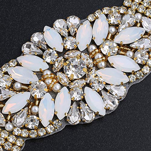 Weztez Gold Crystal Rhinestone Applique with Opal Rhinestone for Bridal Belt Wedding Dress Garters Headpieces (Gold, 2pcs)2