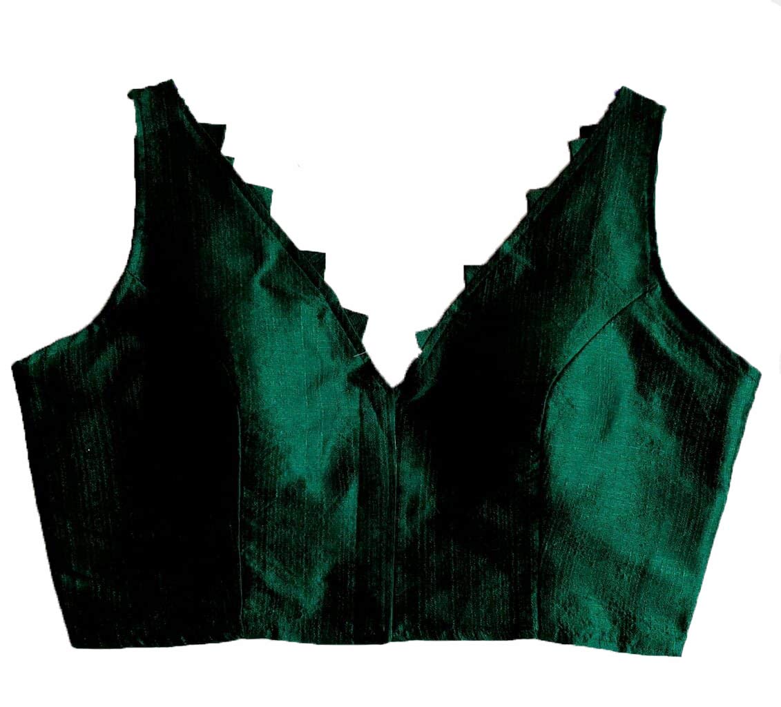 Pujia MillsWomen's Multicolor V Neck Heavy Phantom Silk Sleeveless Readymade Blouse (Sleeves Attached Inside), Dark Green, 38