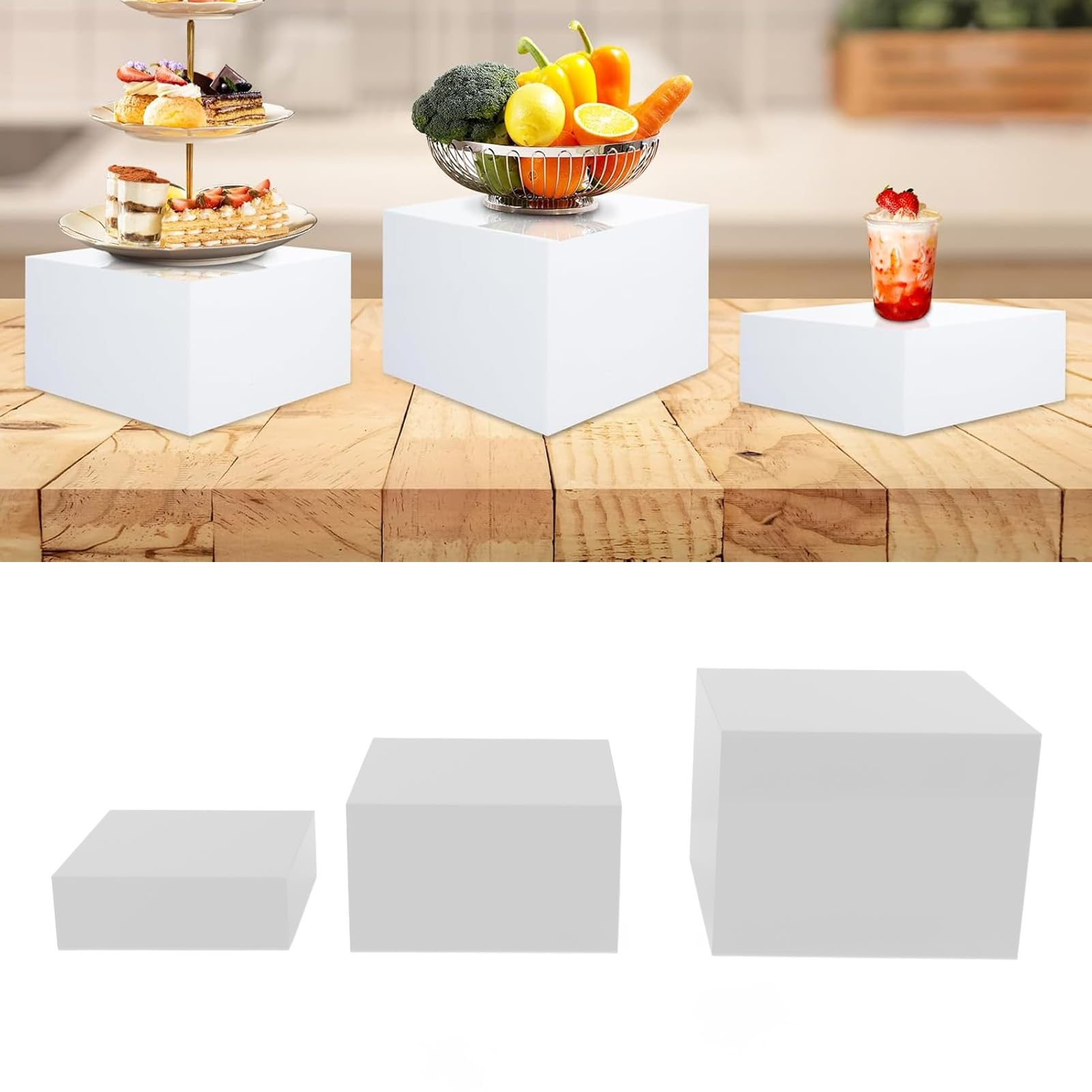ASHATA Présentoirs Cubiques en Acrylique, 3 Pièces, Emboîtables, pour Desserts, Buffets, Présentoirs à Aliments, Aspect Brillant, pour Bijoux, Papeterie (WHITE)