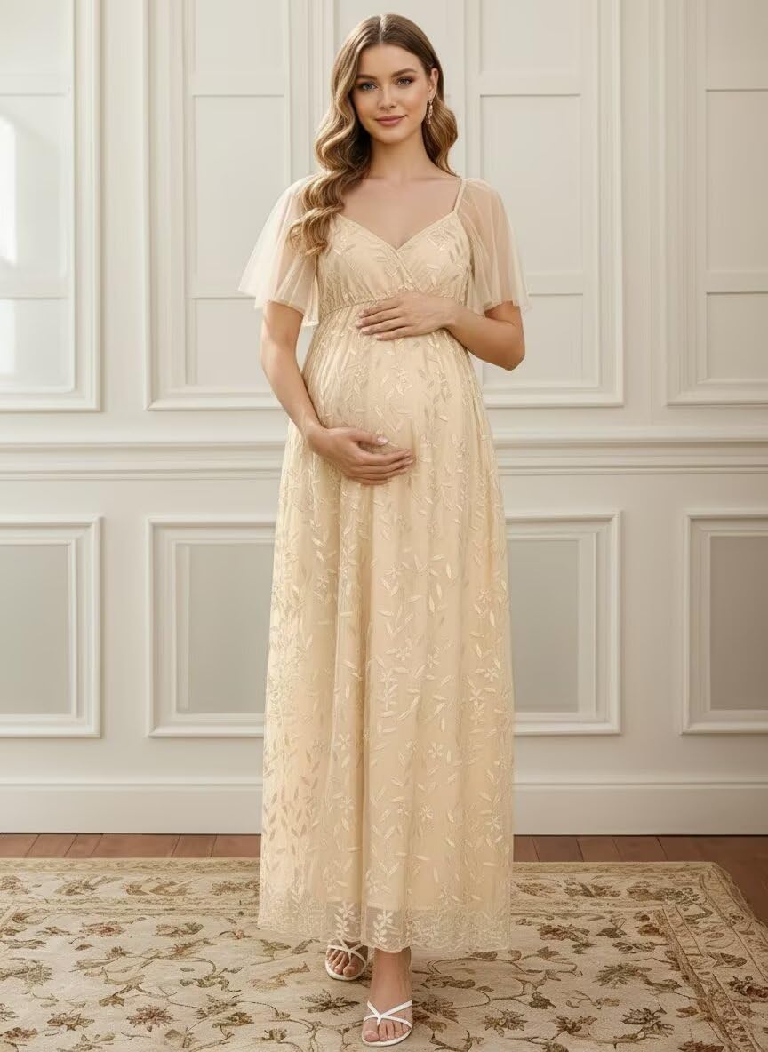 V-Neck Tulle Maternity Dresses for Photoshoot Pregnancy Flutter Sleeve Embroidered Baby Shower Dress