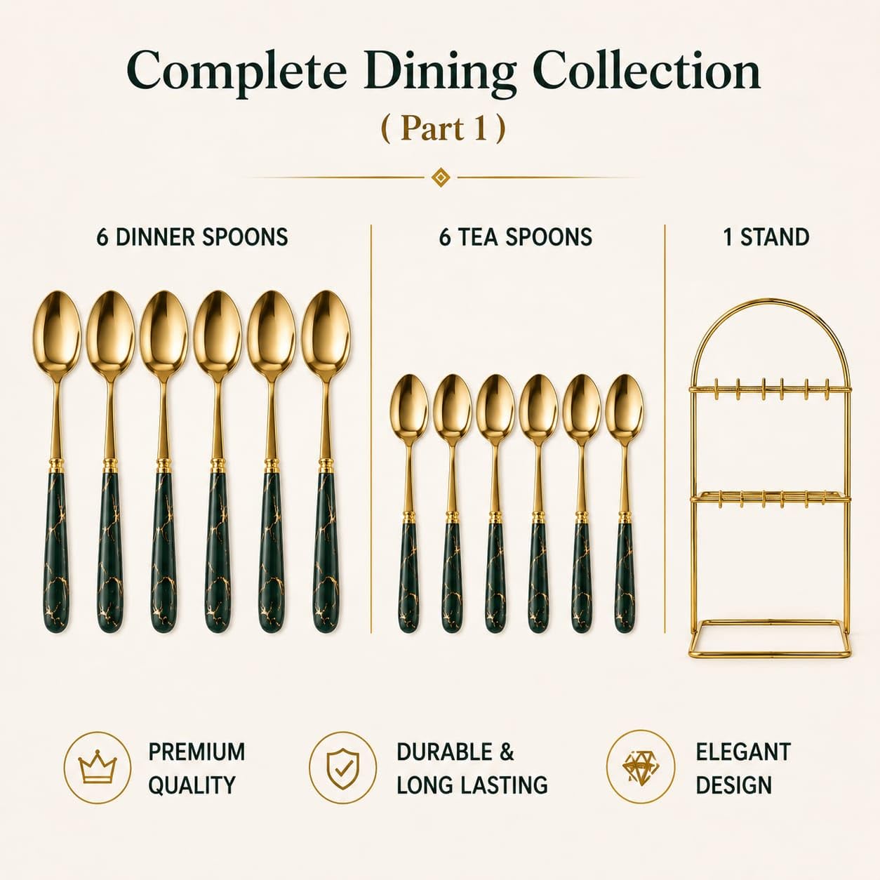 MGeezz Stainless Steel Spoons, Forks & Knives Set of 24 with Stand and Ceramic Handle (Forest Green) 2