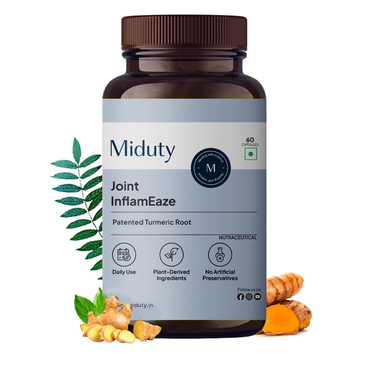 Miduty Joint InflamEaze – Boswellin, Curcumin C3 Complex, Ginger Extract, Alpinia Galanga – Plant-Based Formula for Joint ache & Inflammation – Support Mobility – Flexibility – 60 Veg Capsules