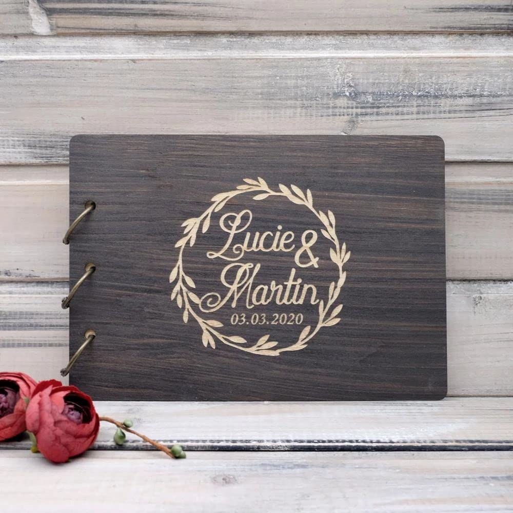 Libro de invitados de madera personalizado, álbum conmemorativo, recuerdo, boda, aniversario, cumpleaños, con 50 hojas de cartulina en blanco (E)
