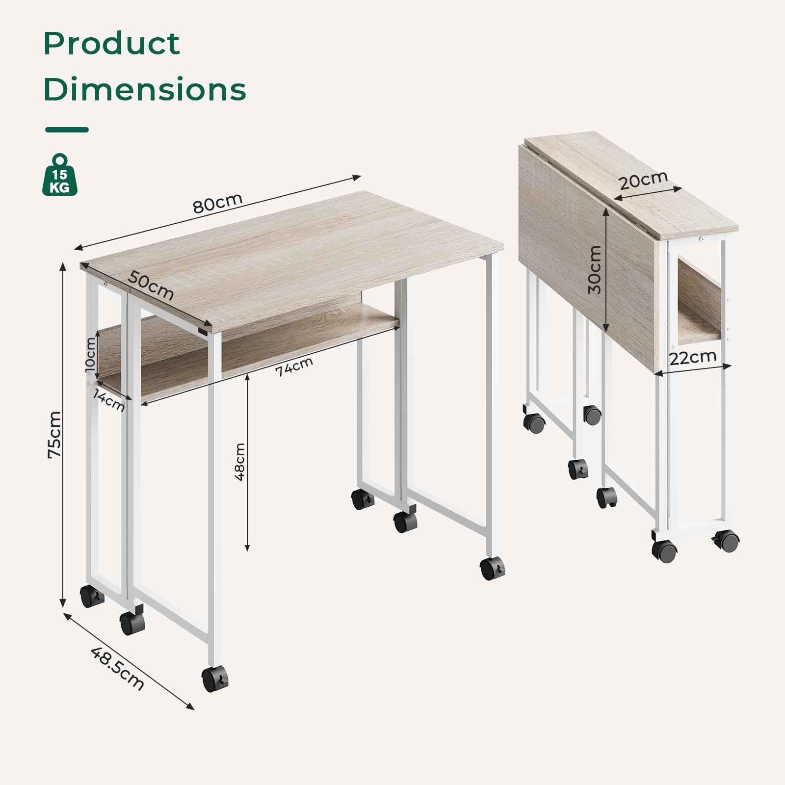 Dripex Escritorio Plegable Pequeño con Espacio de Almacenamiento y Ruedas, Ahorra Espacio, Mesa Plegable para Oficina en casa, Estudio, Color Madera, 80 x 50 x 75 cm