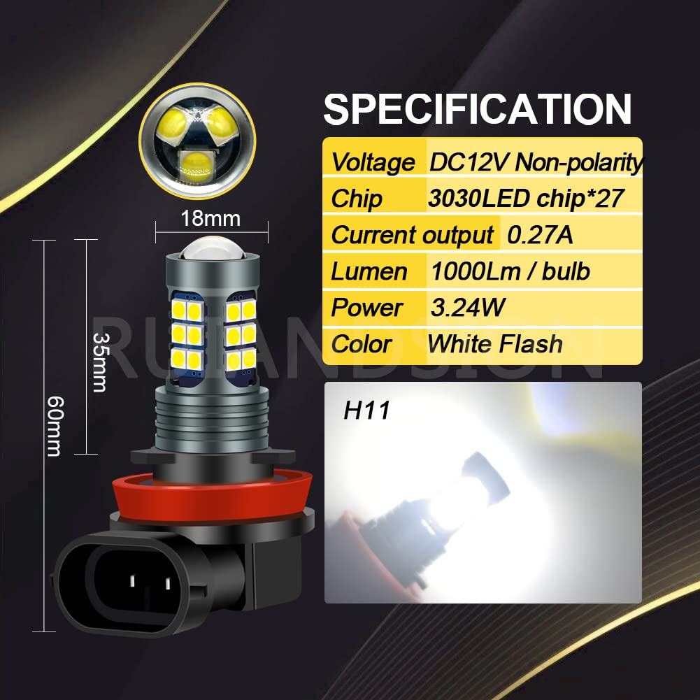 Ruiandsion H8 H11 LED Luci fendinebbia Lampeggianti Strobe Bianco 12V Super Luminose 3030 27SMD Chip LED Lampadine Sostitutive per Luci diurne o fendinebbia (Confezione da 2)