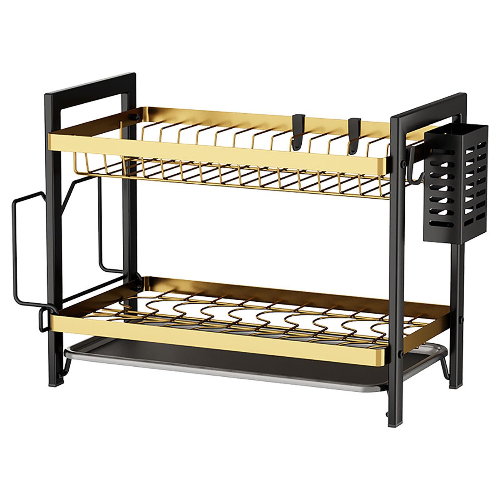 TBATM 2 Tier Countertop Dish Drying Rack with Detachable Cutlery Holder and Hanging Hooks, Large Capacity Kitchen Storage Organizer with Removable Drain Tray,Gold