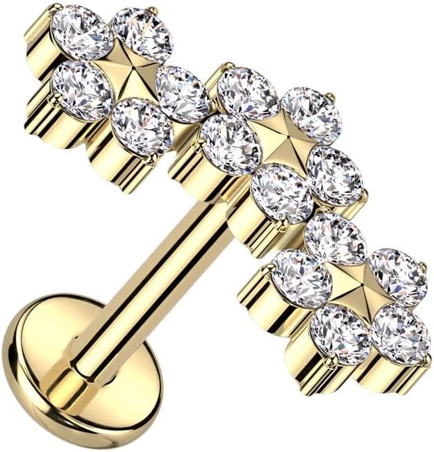 Pierced Owl 16GA F136 Implant Grade Titanium Internally Threaded Triple CZ Crystal Flower Top Flat Back Labret Stud