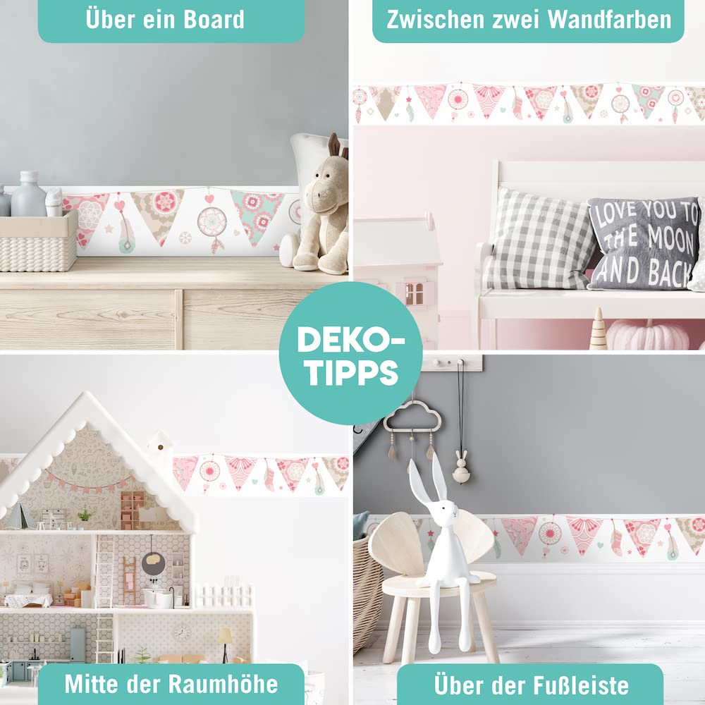Bordüre selbstklebend TRAUMFÄNGER ROSA BEIGE - Wandbordüre Kinderzimmer Babyzimmer mit Wimpel - Wandtattoo Schlafzimmer Mädchen – Wanddeko Baby Kinder
