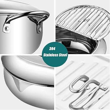 Deep Fryer Pot, Japanese Tempura Frying Pot 304 Stainless Steel Small Deep Fryer with Thermometer,Lid And Oil Drip Drainer Rack for French Fries Shrimp Chicken Wings and Shrimp (24cm/9.4inch)