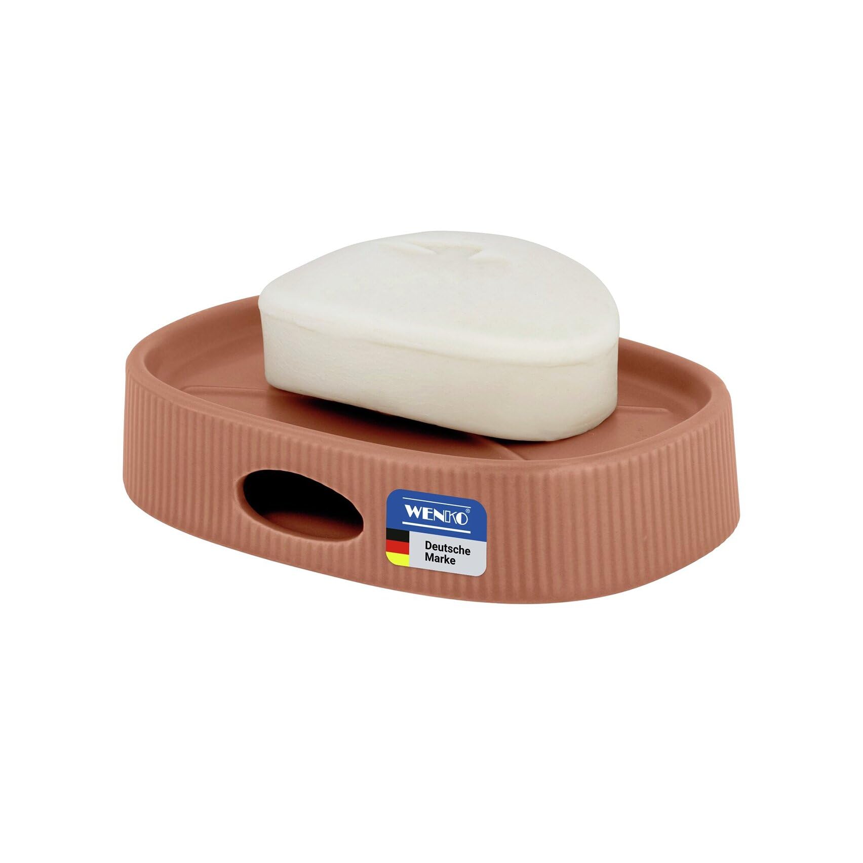 WENKO Fablo Soap Dish Ceramic with Groove Look, Freestanding Soap Holder with Drain Hole, Soap Dish for Bathroom and Guest Toilet, Matte Brown