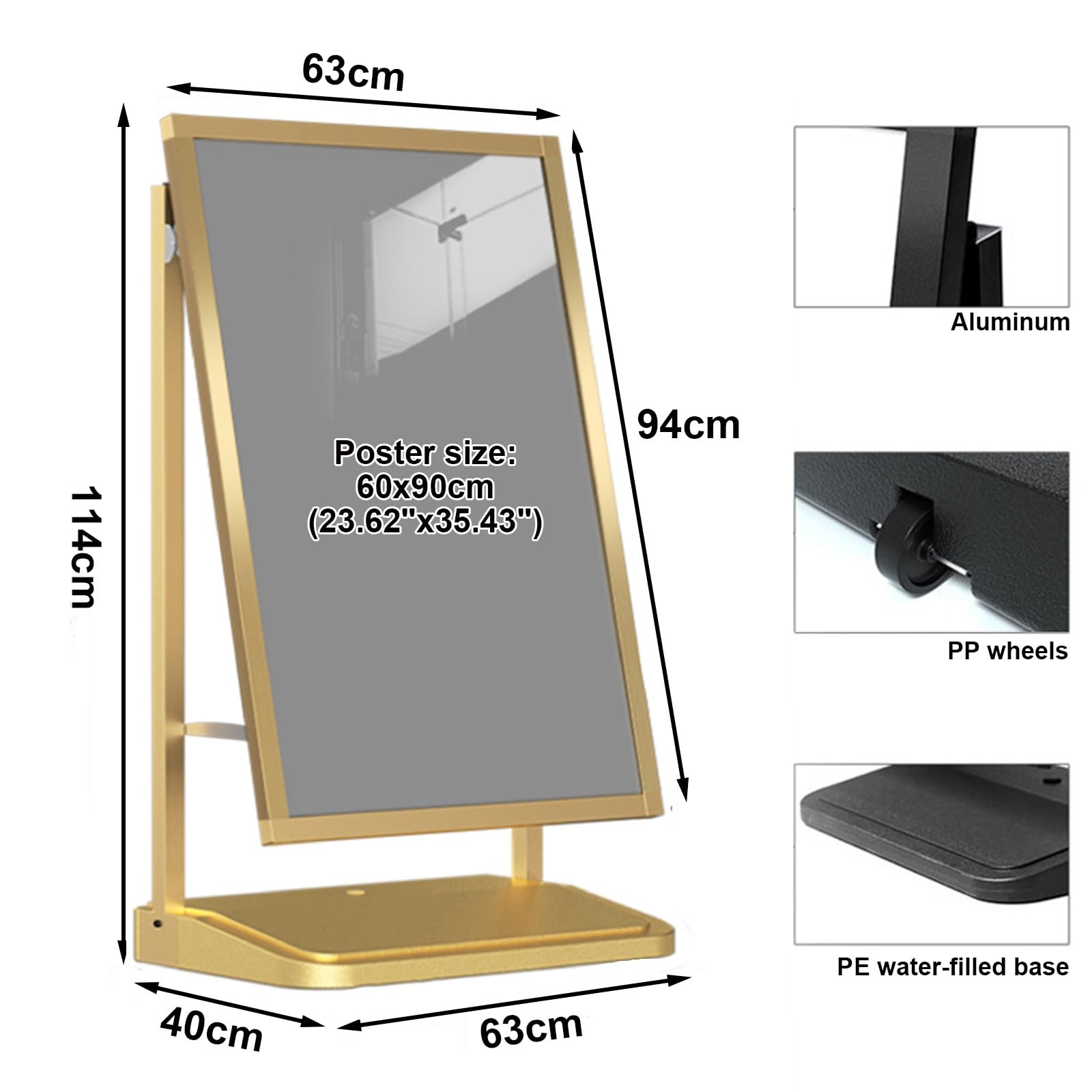 Soporte Carteles de Acera Exteriores, Resistente Al Viento, Con Ruedas for Carteles de 60 X 90 cm, Marco Aluminio Resistente, Base de Agua de Polietileno Duradera, for Carteles Tiendas Comerciales(Gol