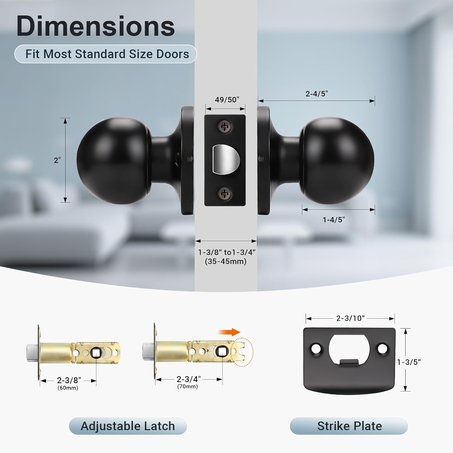 KNOBWELL Black Interior Closet Door Knob, Passage Door Knobs for Hallway, Keyless Stainless Steel Indoor Door Knobset, Round Ball Shape, 6 Pack