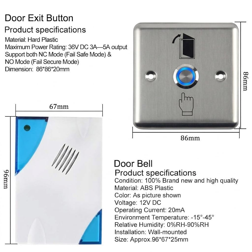 Kit de contrôle d'accès avec serrure magnétique de 180 kg | Métal, IP68, 2000 utilisateurs, alimentation, serrure magnétique, interrupteur en acier inoxydable, sonnette