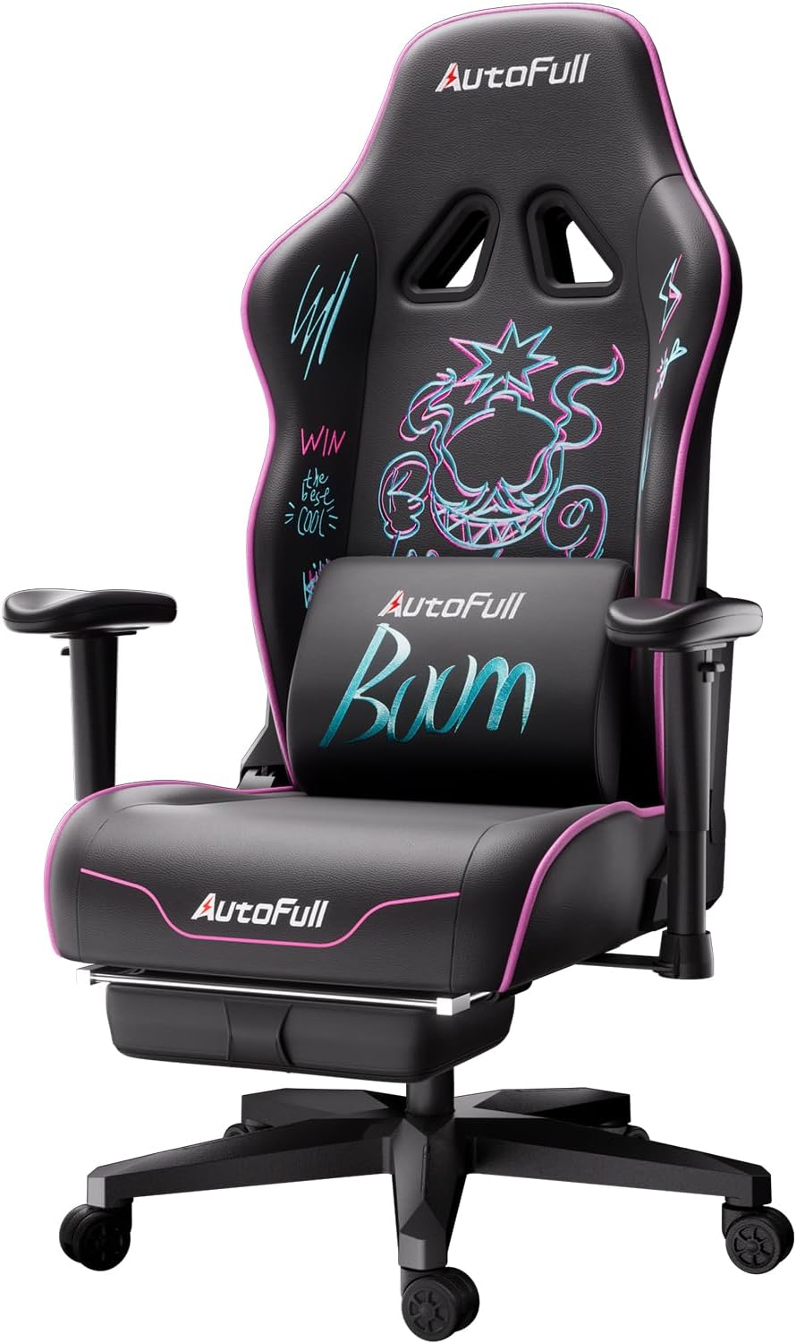 AutoFullGraffiti Ergonomic Office Chair, Adjustable Swing, Wear-Resistant, Super Soft PU Leather, Embroidery, Lumbar Support and Foot Rest, Purple