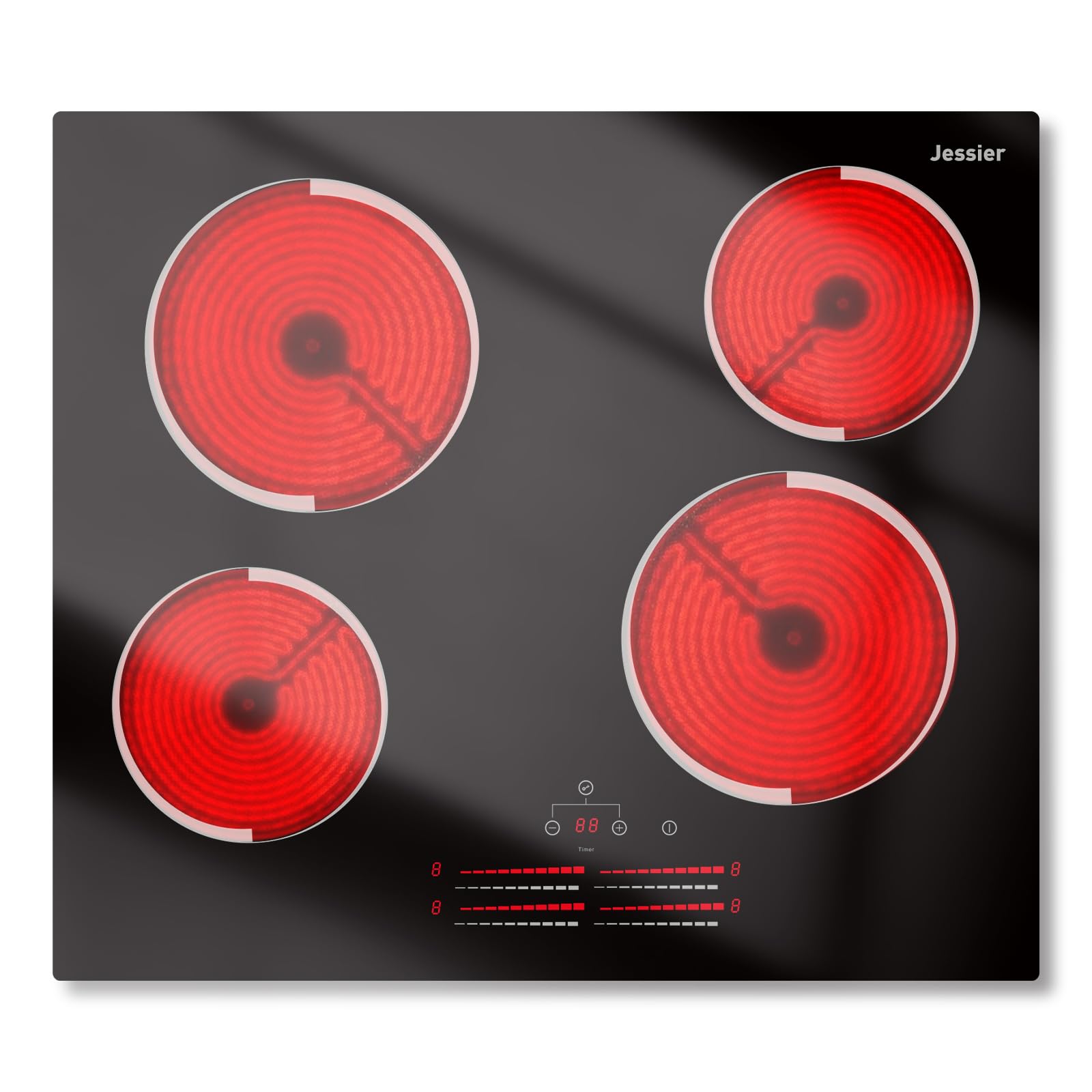 Placa Vitroceramica 4 Fuegos 60 cm Jessier, Control Deslizante, Placa Electrica Cocina 9 Niveles de Potencia, Temporizador, Bloqueo de Seguridad, 220V~240V, 6000W
