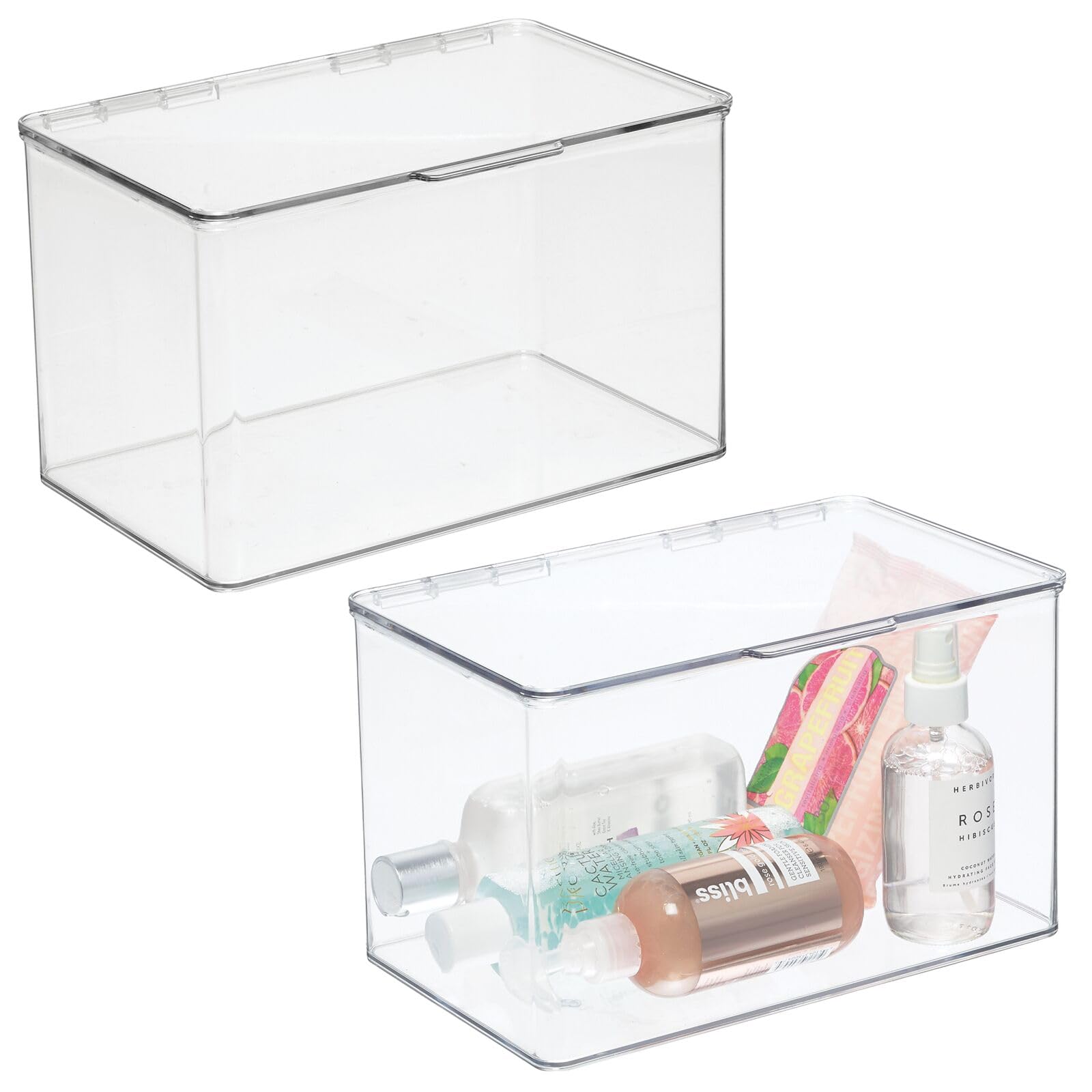 mDesign Stackable Bathroom Vanity Countertop Storage Cosmetic Organizer Box with Hinged Lid for Makeup, Beauty, Hair, Nail Supplies - 2 Pack - Clear