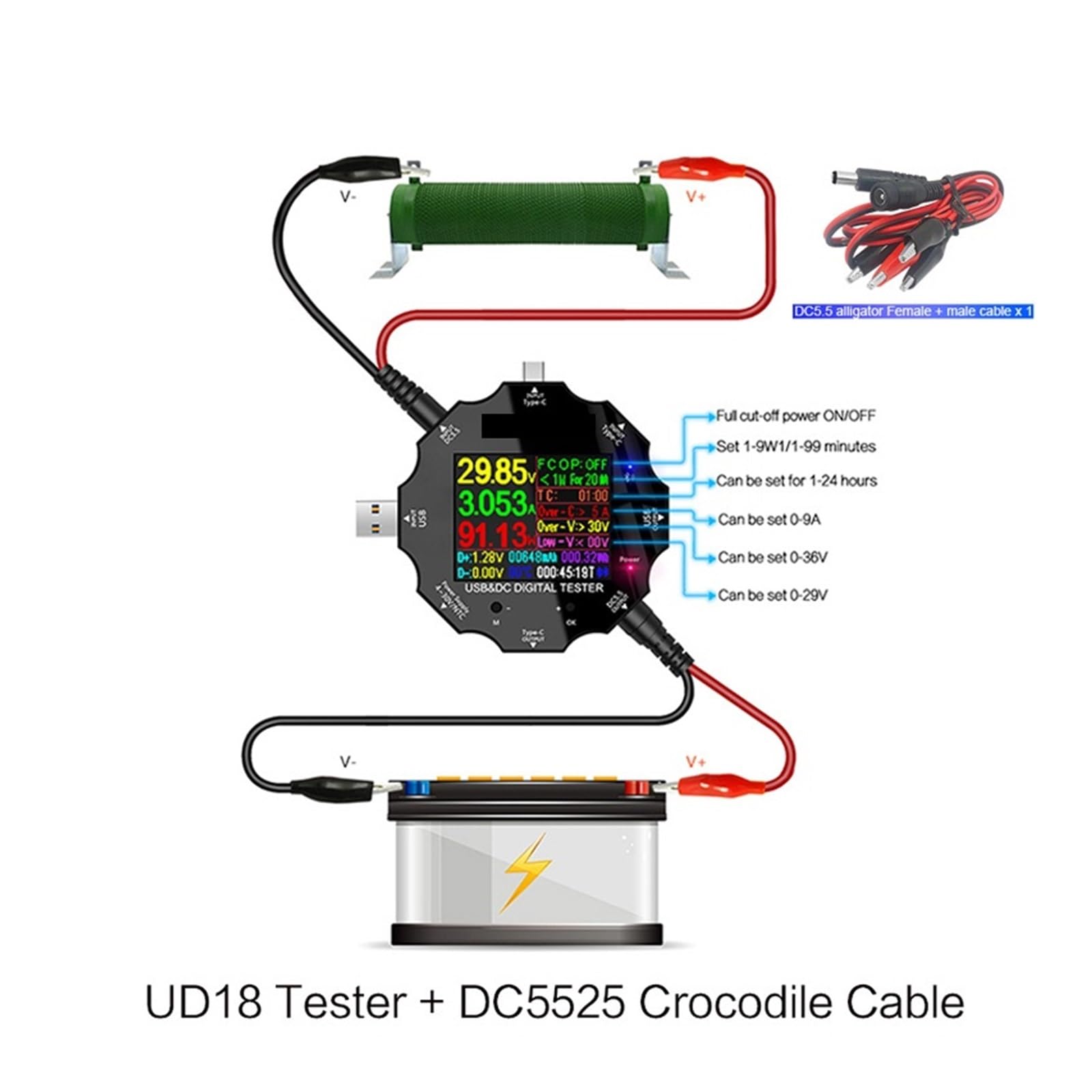Testeur USB, Testeur USB voltmètre numérique cc, ampèremètre de tension, ampèremètre USB3.0, détecteur 18 en 1, chargeur de batterie externe + pince Crocodile cc(Add LOAD)