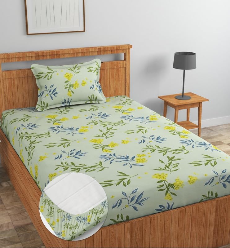 Image of NEW LEAF Premium Cotton Elastic Fitted Bedsheets with 1 Pillow Covers |Solid or Plain Single Bed Elastic 220 TC Supersoft Breathable & Wrinklefree | for 72x36+6 Inches, Light Green