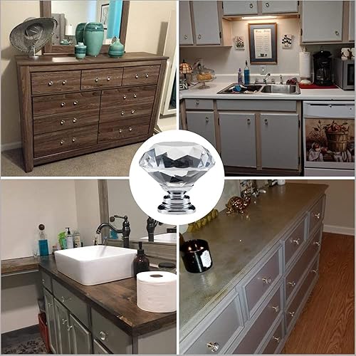 Miniatura 6 de Paquete de 10 pomos de cristal para gabinetes de 1.18 pulgadas (1.181 in) de diamante para cajones de tocador y cocina, tiradores de armario de