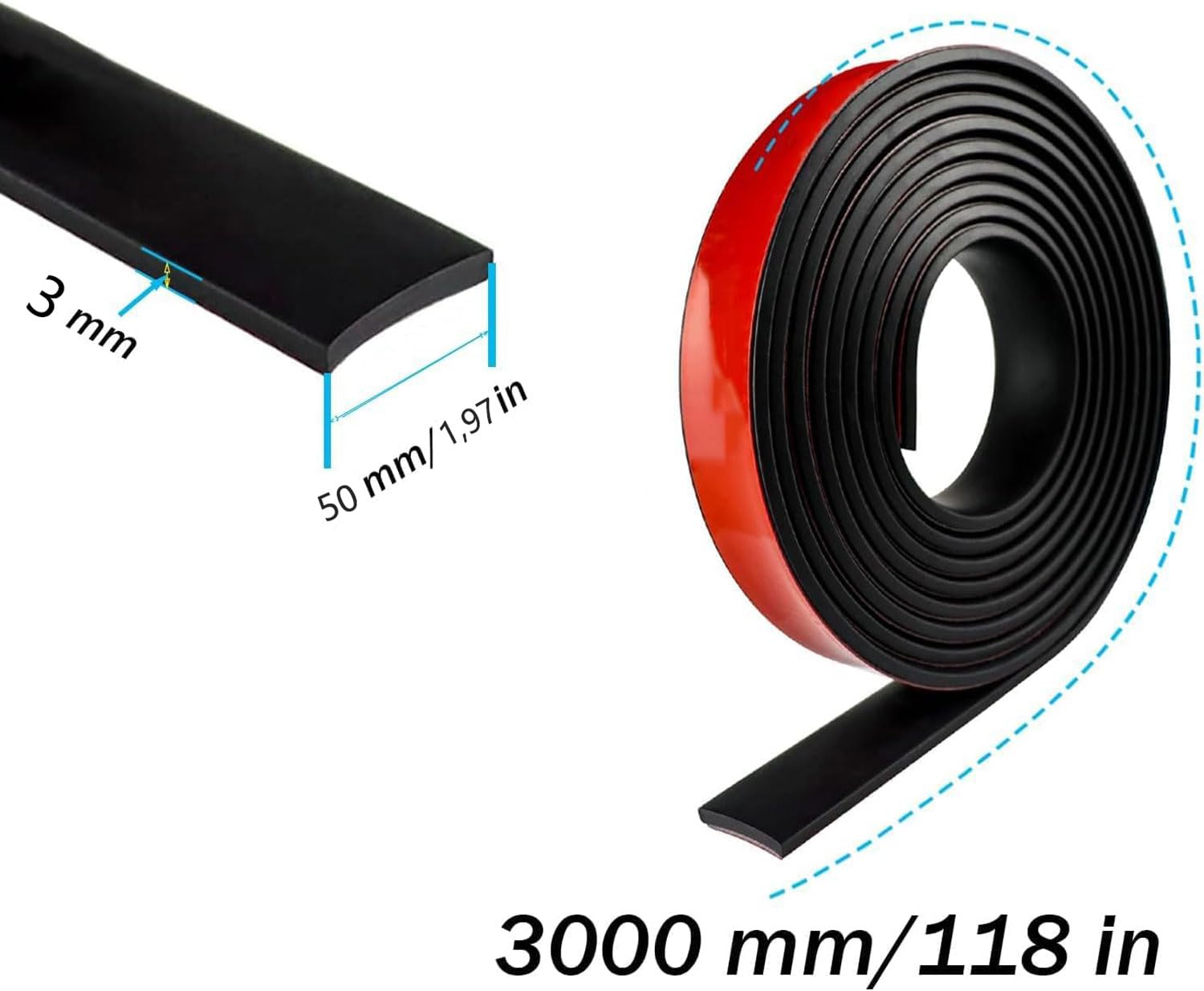 Samoprzylepne paski gumowe, neoprenowa mata gumowa, profil gumowy, do uszczelek DIY, izolacja, ochrona przed wibracjami, ochrona wykładzin podłogowych, 50 mm (szer.) x 3 mm (śr.) x 3000 mm (L)