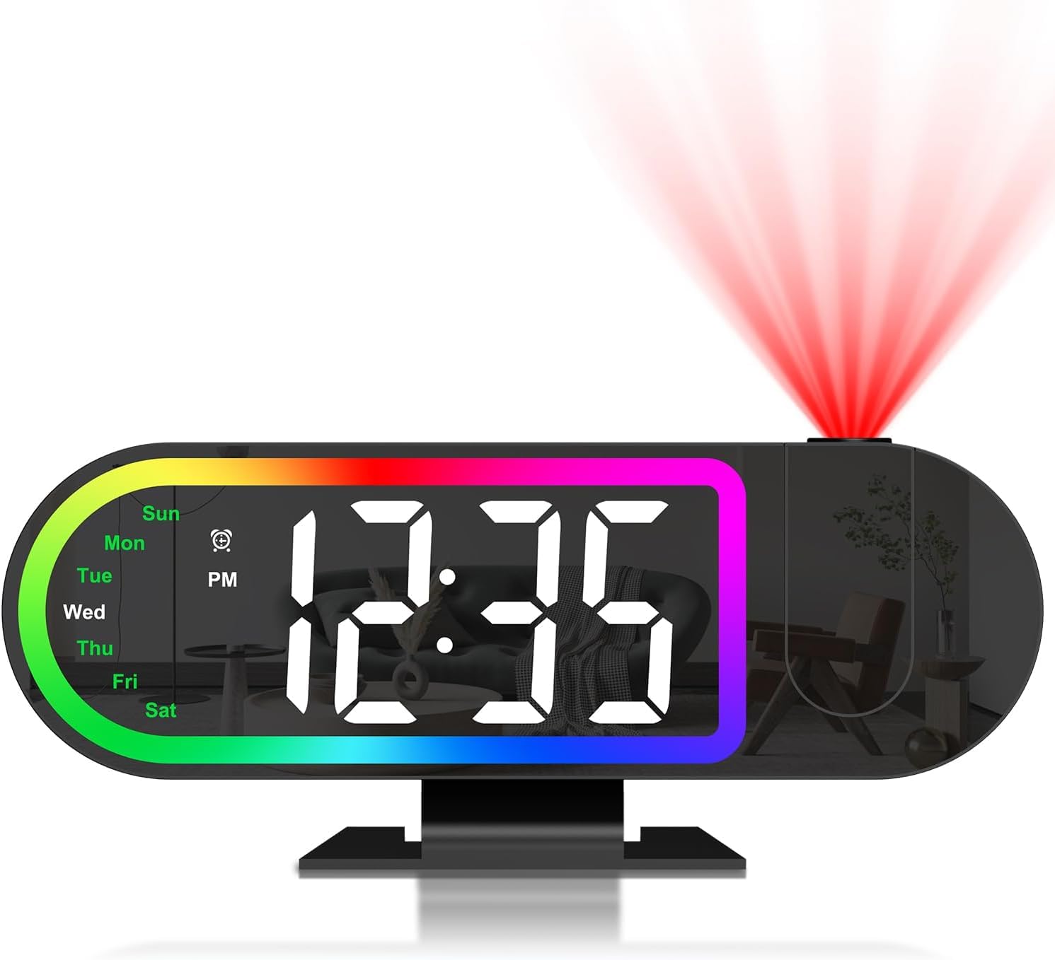 OQIMAX Projection Alarm Clock, 8.5 '' Digital Alarm Clock with 180° Projector, 17 RGB Ambient Lights, 3 Adjustable Screen Brightness & Night Mode, USB Powered Projector Clocks for Bedroom Home