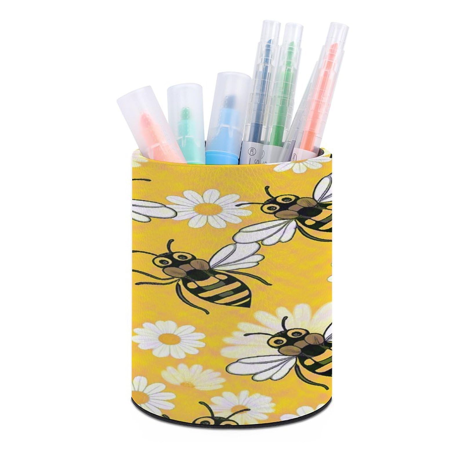 VstaDank Bee Daisy Pattern Pen Holder for Desk Makeup Brush Holders Stylish Pen Cup Cute Pencil Cup Round Pencil Holder Decor Brush Scissor Holders for Multifunctional Office Supplies