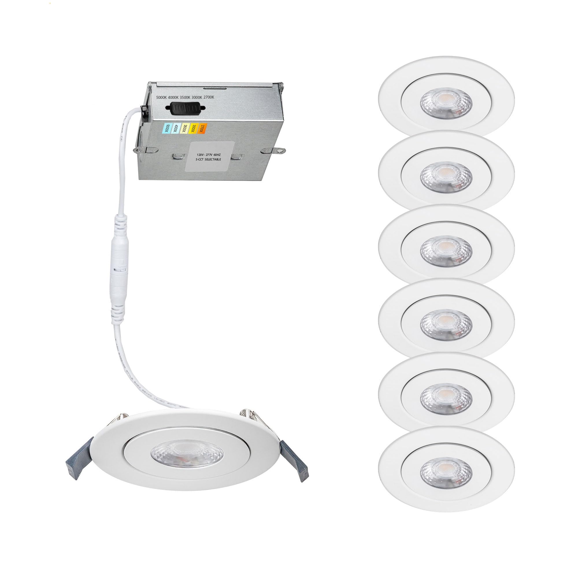 WAC LightingLotos 4in LED Round Adjustable Recessed Light 5-CCT Selectable 9W 700 Lumens IC-Rated Airtight 120V-277V Universal in White (Pack of 6)