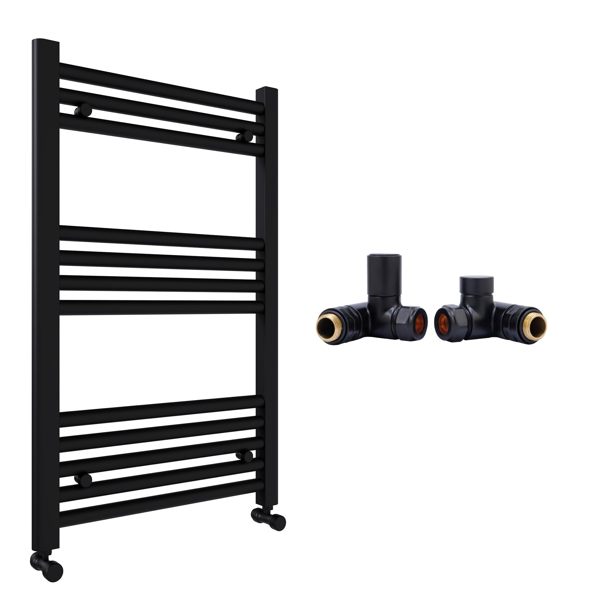 Matt Black Bathroom Straight Heated Towel Rail Radiator 600 x 800 & Dual Fuel Manual Corner Valves