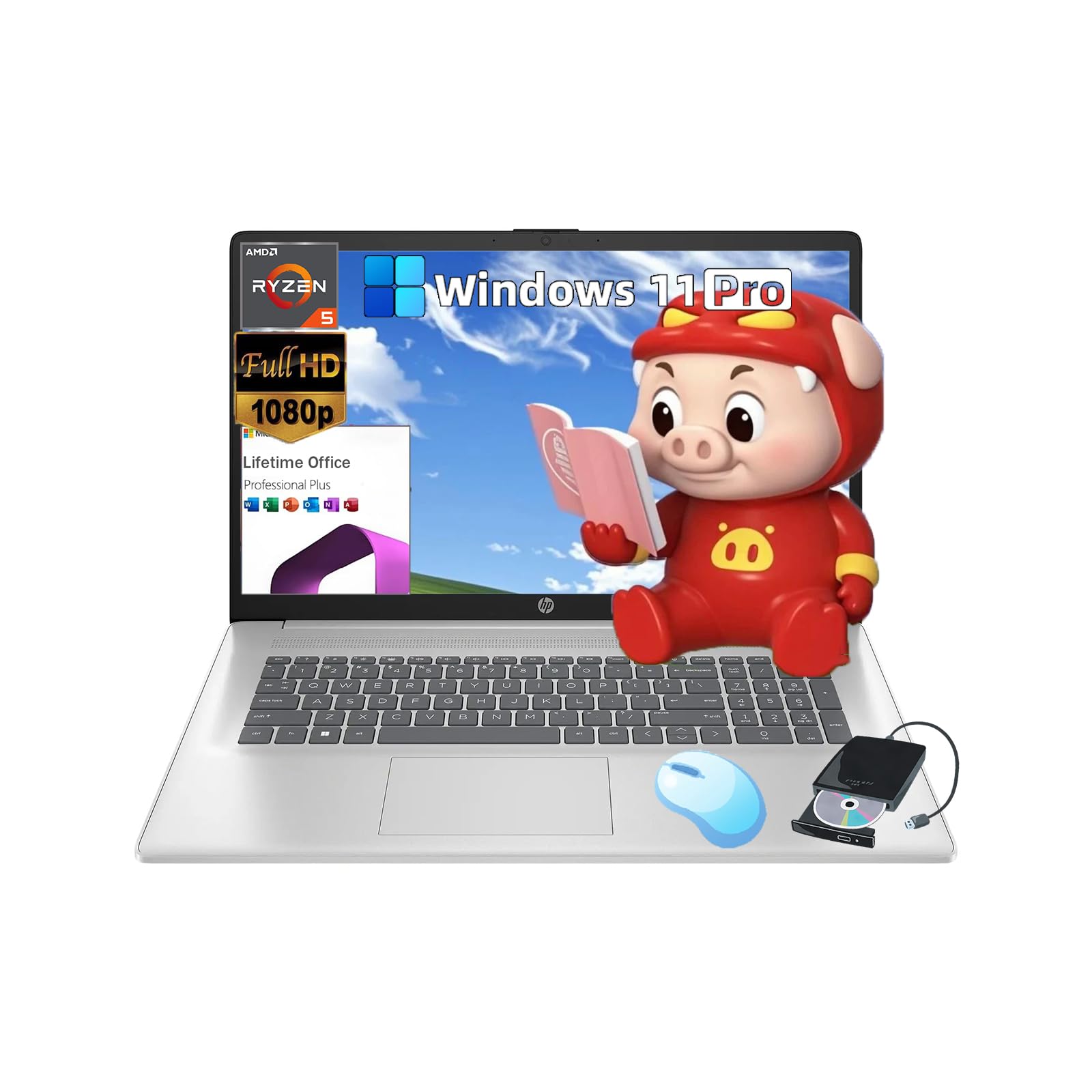 HP 17-inch Laptop for Business and Student - Microsoft Office Lifetime License, Windows 11 Pro, AMD Ryzen 5 7430U (6-core), Anti-Glare, Fast Charge,