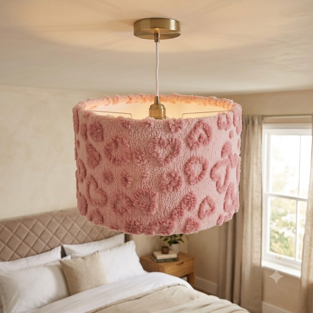 Fabric Hearts Ceiling Light Shade Embroidered Pink Furry Soft Light Shade Fabric Drum Lampshade Ceiling Pendent Lampshade Elegant Pendent Light Shade