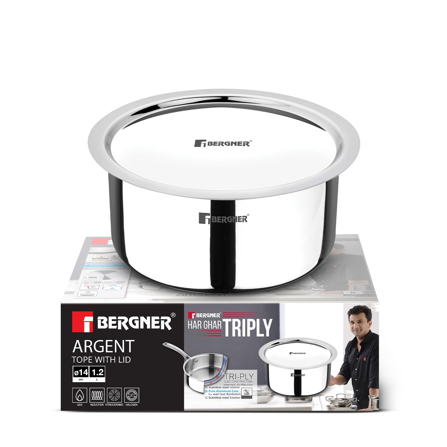 Argent TriPly Stainless Steel 14 cm Tope with Stainless Steel Lid, 1.2 L Topia/Patila with Stainless Steel Lid, Food Safe, Durable, Dishwasher Safe, Induction and Gas Ready, 5-Year Warranty