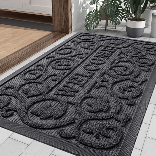 Image of Smiry Welcome Door Mat Outside Entrance, Heavy Duty Trap Dirt and Moisture Easy Clean Low Profile Patio Porch Indoor Outdoor Front Doormat for Entry, 35x23 Inch, Grey