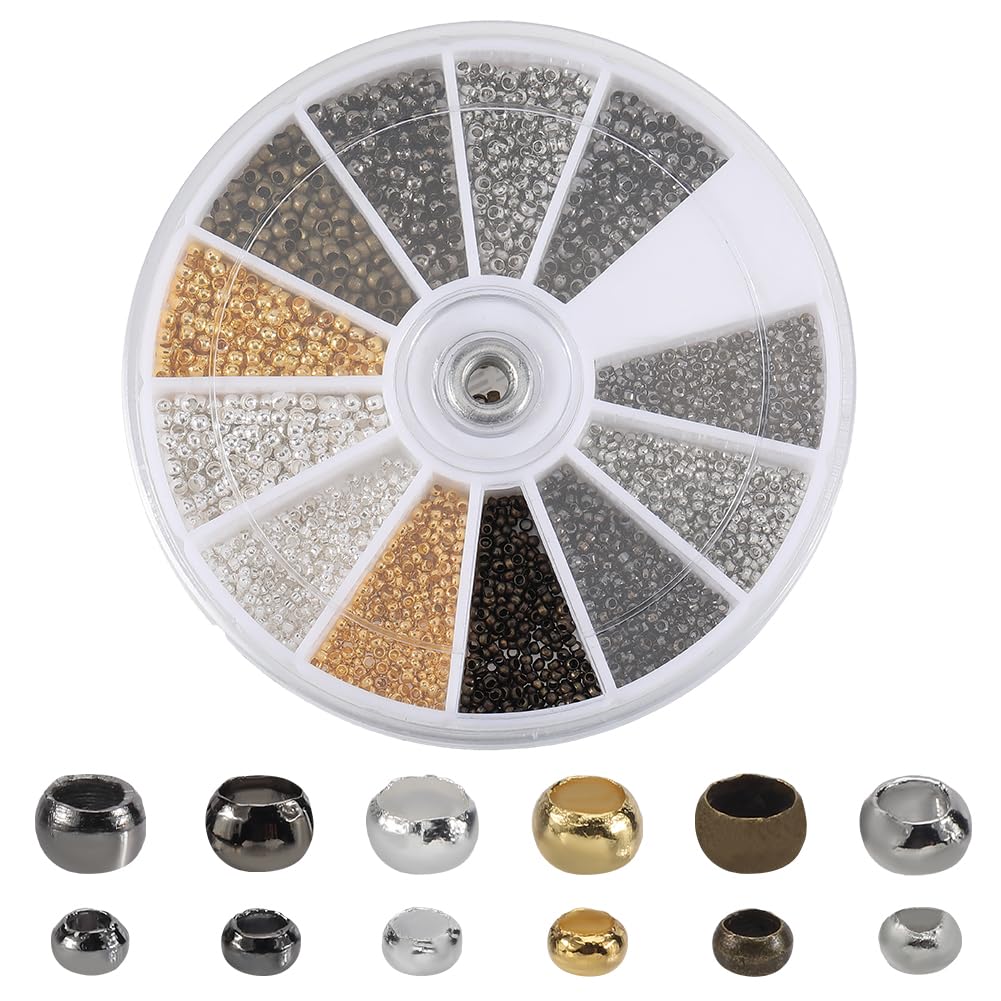SOFPLATE 3000Pcs 12 Styles Round Silver Crimp Beads Crimp Spacer Beads Gold Rondelle Small Colorful Brass Smooth Loose Charms Findings Accessories for Jewellery Making Necklaces Bracelets DIY Crafts