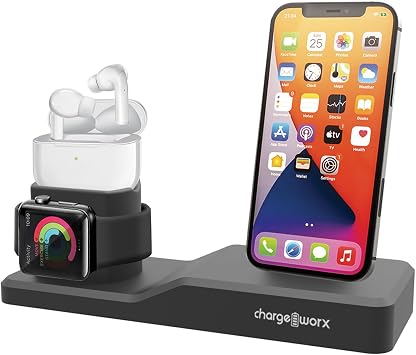 ChargeWorx 3-in-1 Charging Stand for iPhone 17/16/15/14/13, Apple Watch & AirPods, Cable Organizer Dock, Desk Phone Stand Holder, Travel Charging Station for Multiple Devices, Black