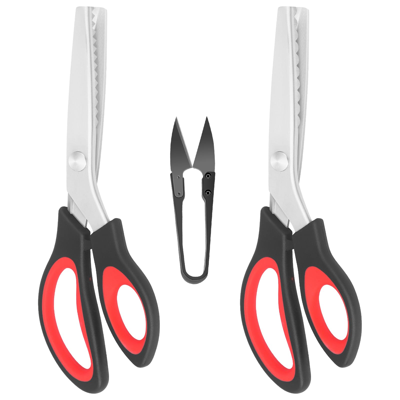 KUONIIY Pinking Shears 3-Piece Set (Serrated & Scalloped) with Bonus Thread Snips, Ergonomic Zig Zag & Wave Fabric Scissors, Black-Red