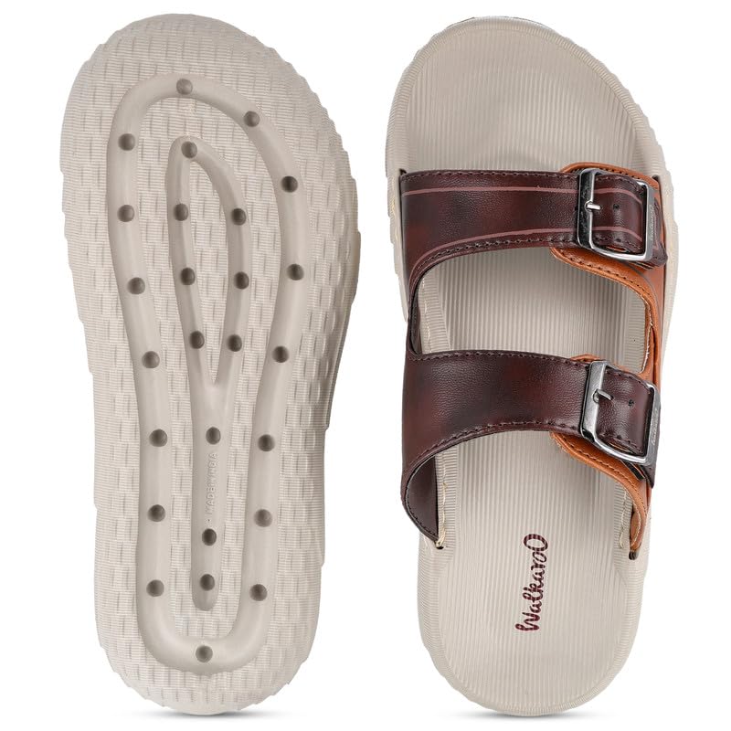 Image of WALKAROO Men's Slide Sandals with Soft Sole, Broad Straps with Buckles and Lightweight - WC8764