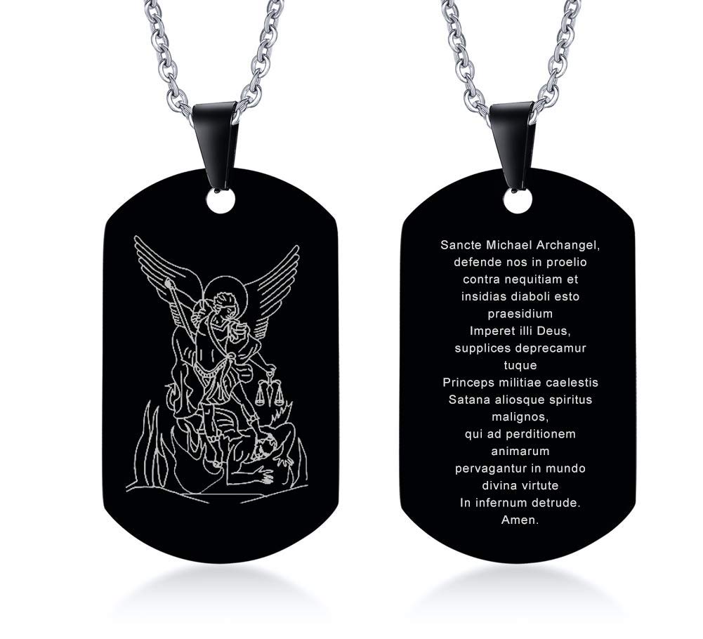 XUANPAIStainless Steel St Michael The Archangel English/Latin Prayer Dog Tag Necklace Military Pendant Christian Faith Jewelry
