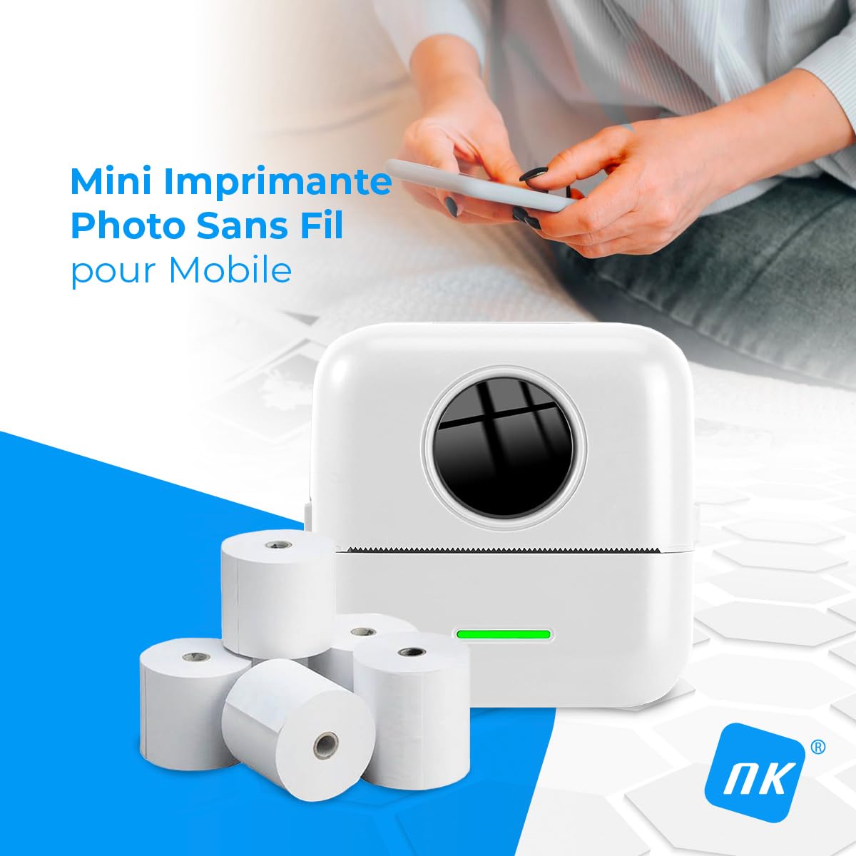 NK Imprimante Photo Portable avec 5 Rouleaux de Papier Thermique - Mini Imprimante Thermique Mobile sans Fil, Câble USB, Compatible avec iOS et Android, Blanc