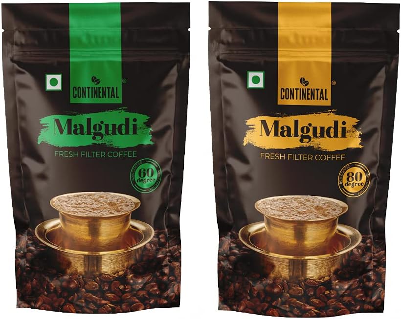 Continental Malgudi Filter Coffee Powder 500g Pouch Combo , Pack of 2 (80 % Coffee - 20% Chicory and 60% Coffee - 40% Chicory), Bag