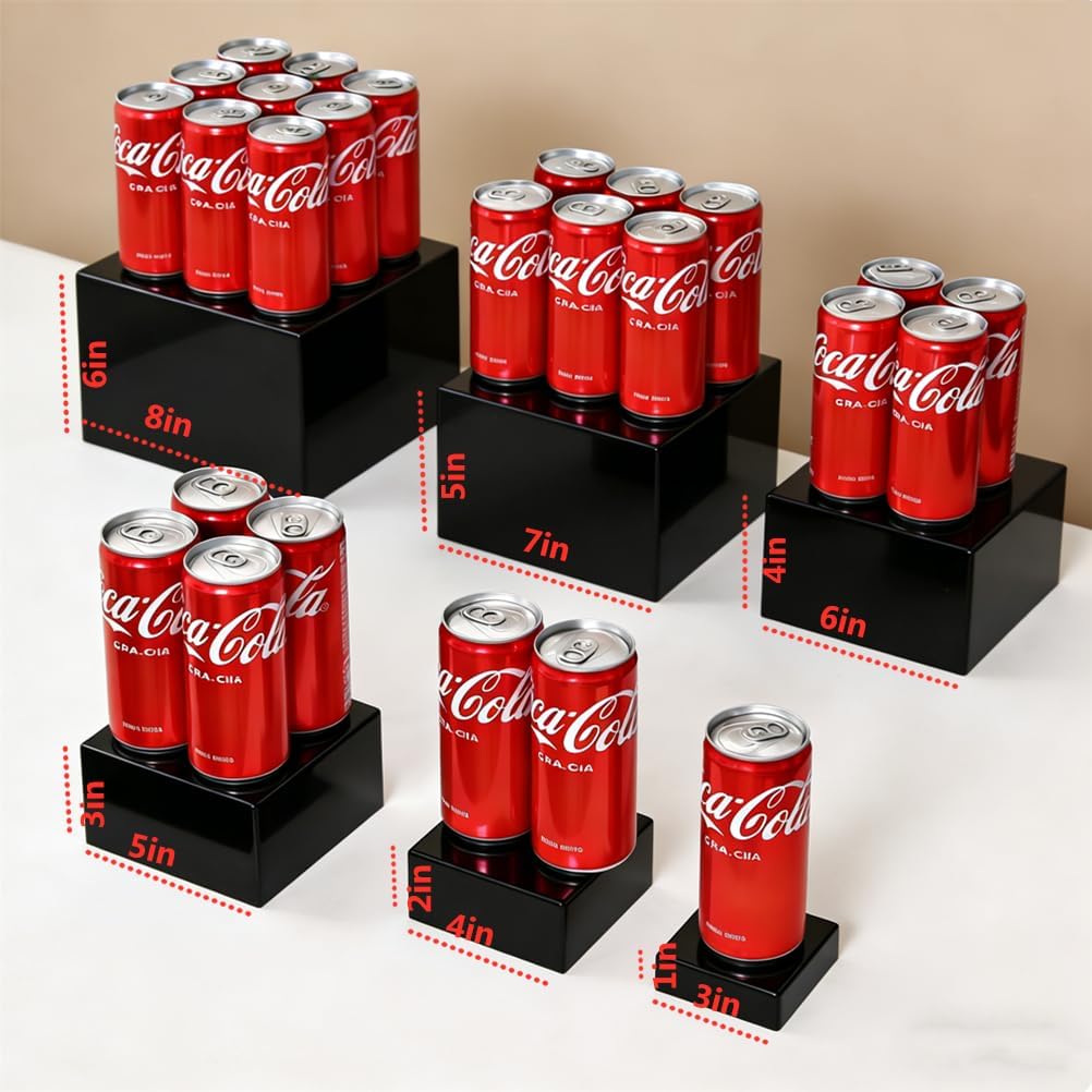 6 Pcs White Acrylic Buffet Risers, Food Display Stands for Cake Dessert Party Catering, Decorative Cube Boxes with Hollow Bottoms, Multi-Height for Jewelry, Collectibles, Cupcakes, Candy (Black)