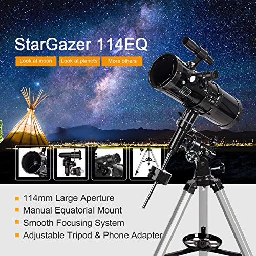 Moutec 114EQ Newtonian Reflector Telescope for Astronomy Beginners Adults, German EQ2 Mount Ideal for Manual Tracking, Great Astronomy Gift for Kids Adults Friends Family - Thumbnail 2