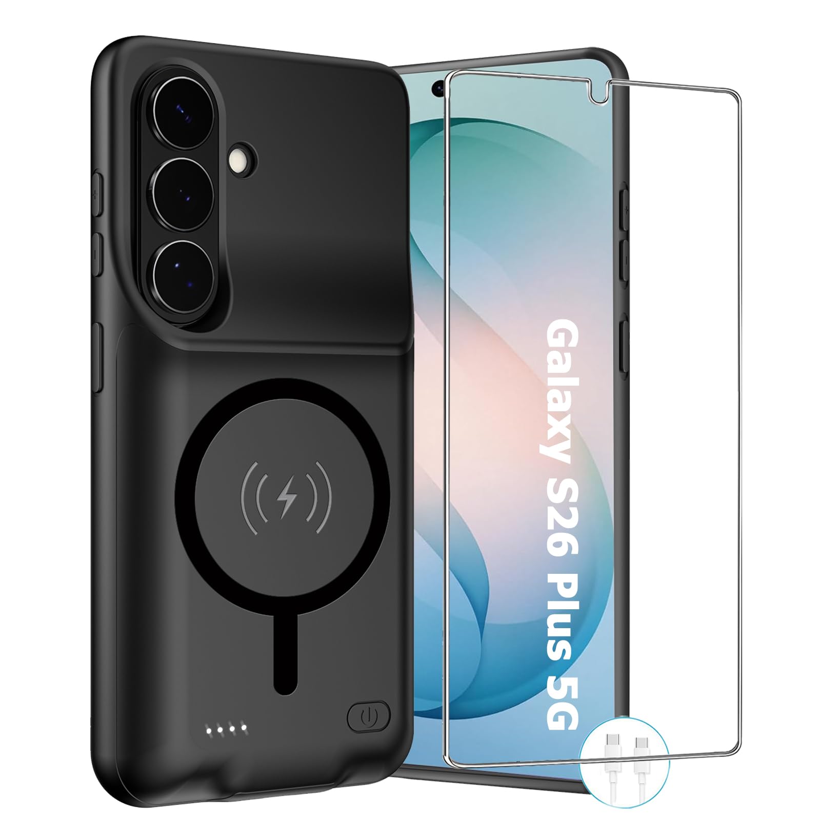 Wireless Charging Case for Galaxy S26 Plus, Upgraded 12000mAh Rechargeable Portable Charging Case Compatible with Galaxy S26 Plus (6.7 inch) with Carplay Extended Battery Pack Charger Case (Black)