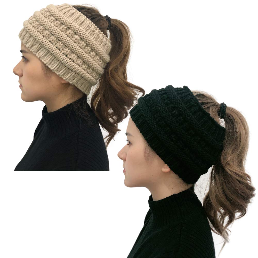 modern mummy Women Winter Stretchy Soft Knitted Comfort Beanie Hats Skullies Cap Ear Warmer Headband (Black+Beige)-picture-13