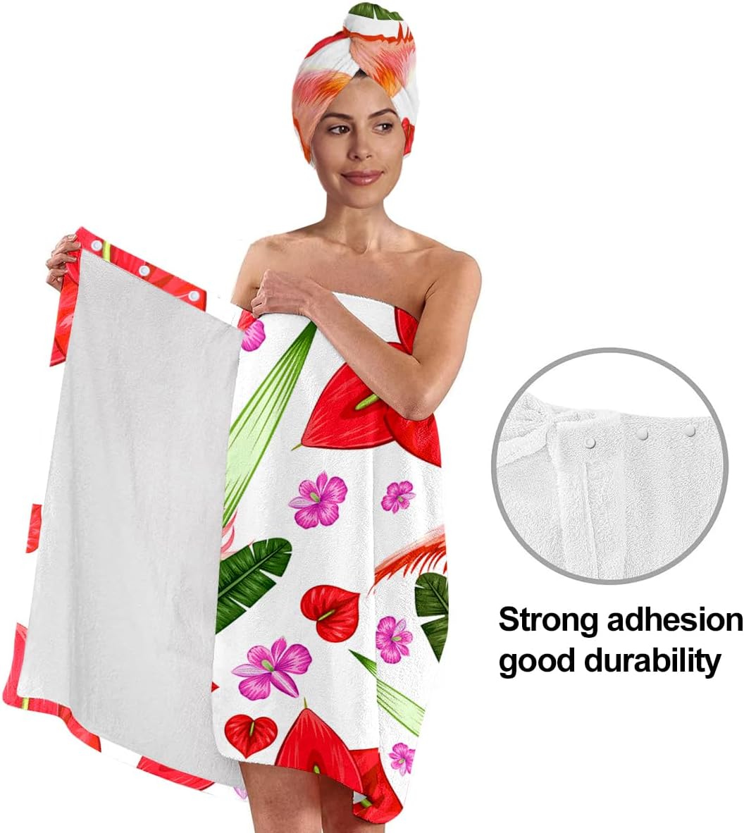 Flamingo Palm Leaves Print Body Bath Towel Wrap & Hair Towel Wrap for Women Girls, Soft Bath Shower Wrap & Hair Drying Towel Set, Quick Dry, Absorbent, Suitable for Spa, Shower, Bath, Gym, Pool (FP2)