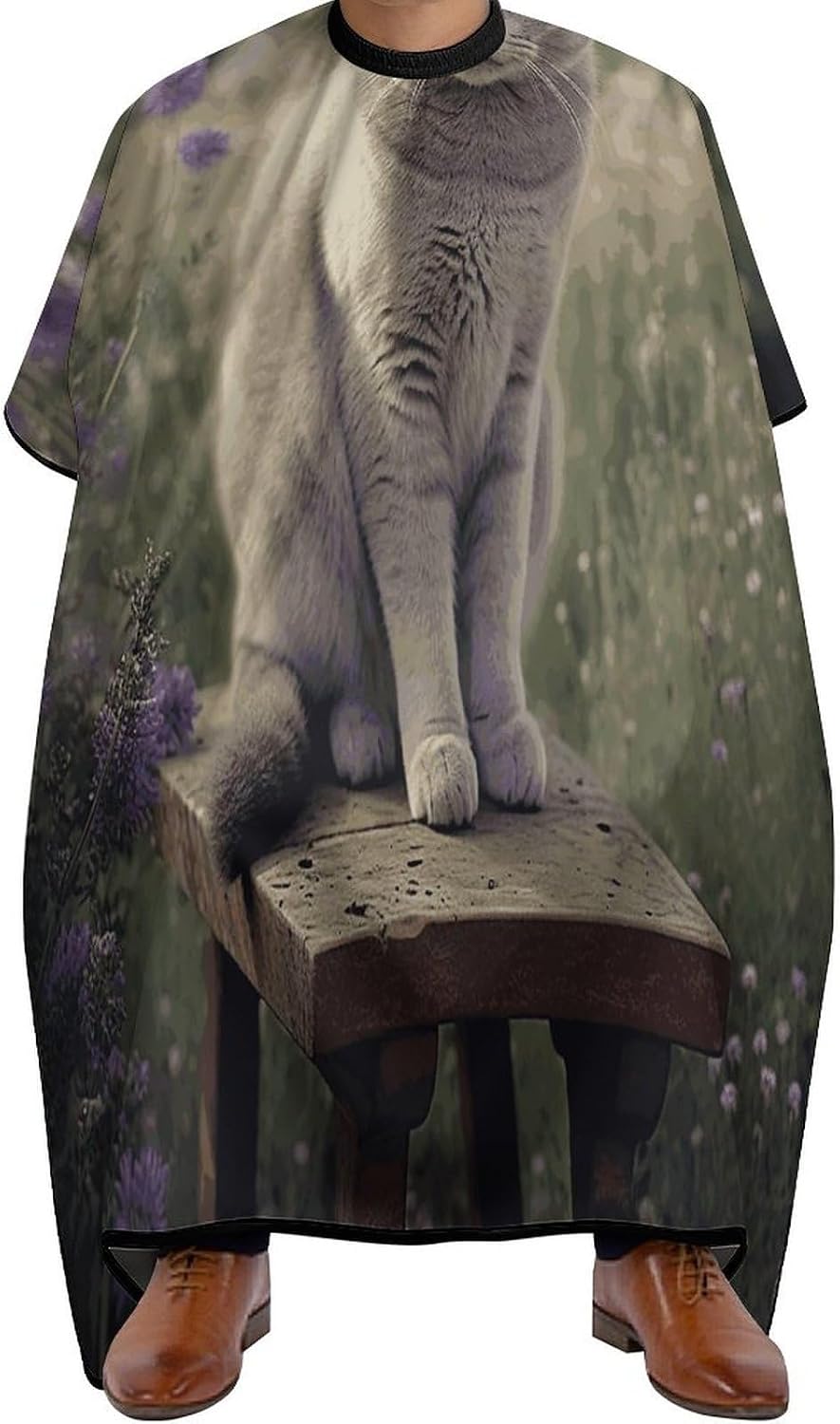 Gray Cat in Flower Field Hair Stylist Apron Waterproof Barber Cape | Hair Cutting Cape Lightweight for Men and Women with Adjustable Snap Closure,Soft,Durable,for Barber and Home 56.7*66.9 Inch